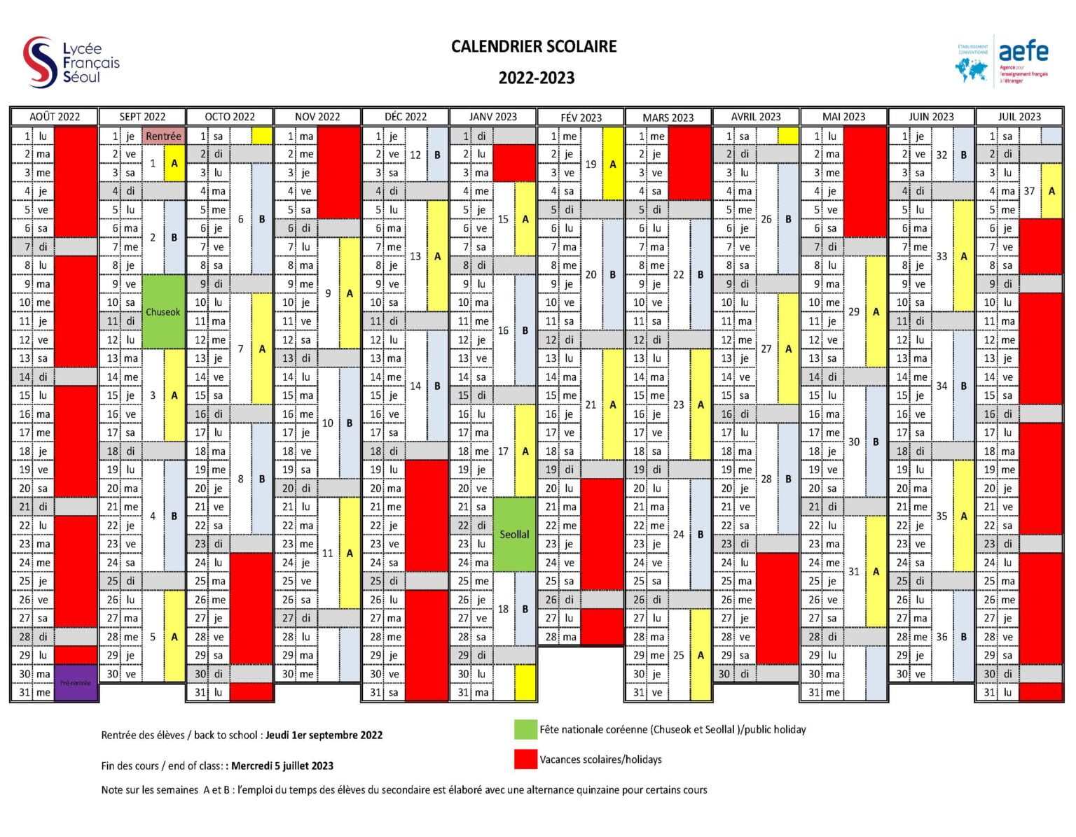 CALENDAR Lycée français de Séoul